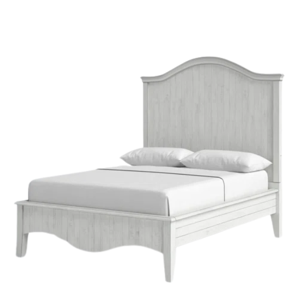 Rustic Charm Meets Chic Elegance: Solid Wood Platform King Size Bedroom Set with Scalloped Edges, Weathered White Wash Finish, Unique Grain Patterns, Angled Feet, and Oil-Rubbed Bronze Drawer Pulls