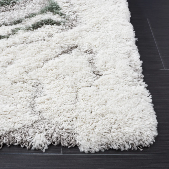 Plush Abstract Green, Grey, and White Pattern Shag Rug