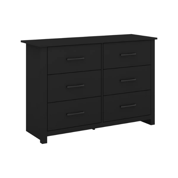 Modern 6-Drawer Double Dresser with Flared Feet and Sleek Black Metal Handles