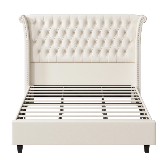 Luxurious Tufted Button Upholstered Wingback Queen Bed with Raised Headboard for Ultimate Comfort