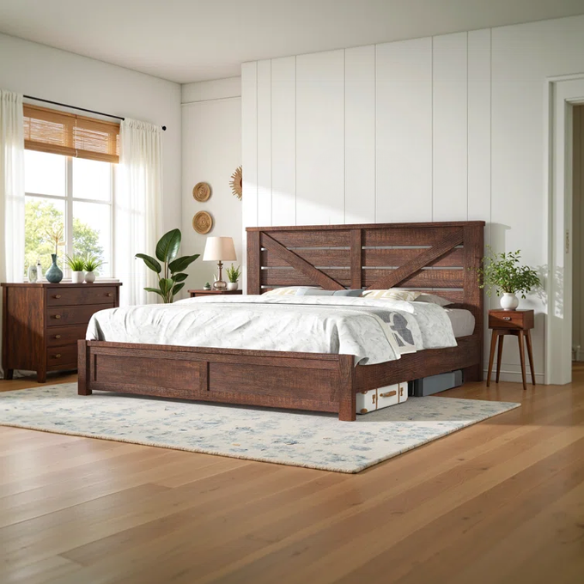 Farmhouse Classic Bed Frame with 49.2" Barn Door-Inspired Headboard, Ample Under-Bed Storage, Sturdy Metal Frame, and Silent Cotton Padding for Peaceful Sleep
