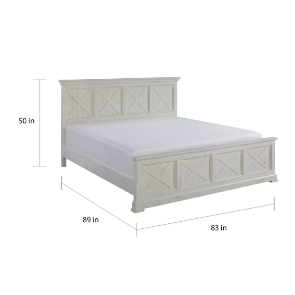 Farmhouse-Style 3-Piece X-Detail King Bed, Nightstand, and Chest Set with Weathered White Coating