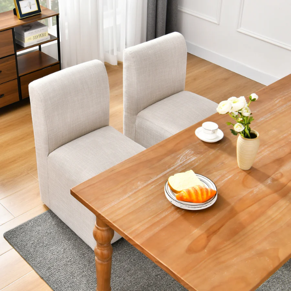 Neutral Beige Linen Upholstered Rolling Dining Chair with Casters – Comfortable Accent Seating