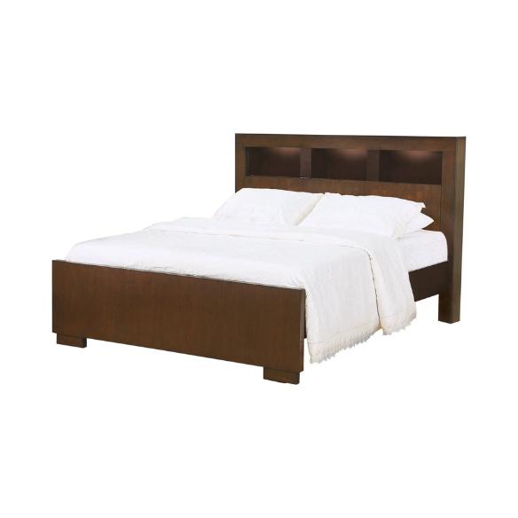 5-Piece Queen Bedroom Set with Bookcase Headboard & Storage – Warm Cappuccino Finish