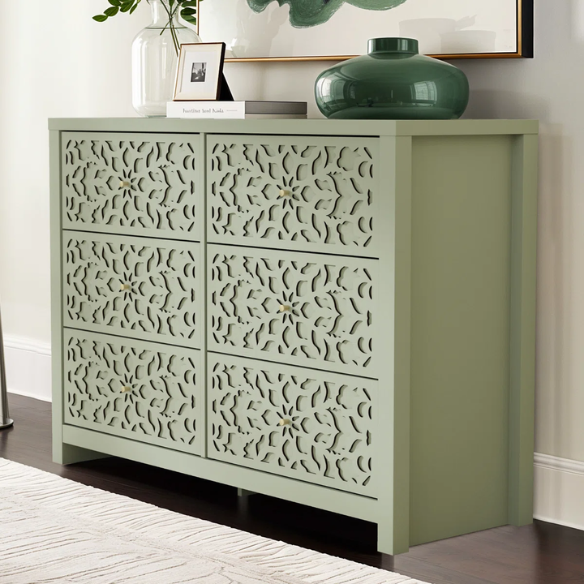 Boho-Inspired 45.4" 6-Drawer Dresser with Distressed Finish and Openwork Floral Details