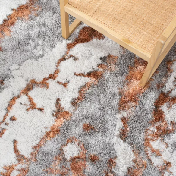 Plush Abstract Rust, Grey, and White Pattern Shag Rug
