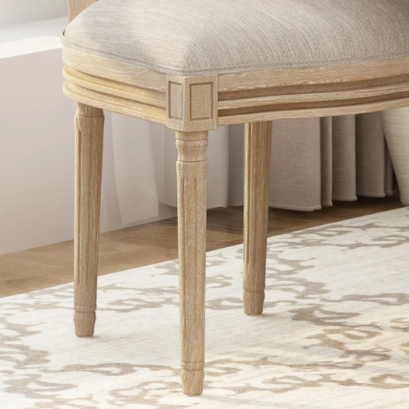 Beige Upholstered Dining Chairs with Natural Wood Frame and Wicker Backrest (Set of 2)