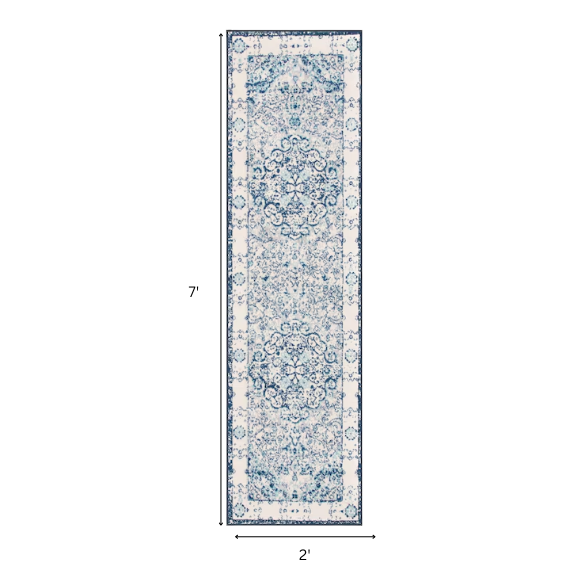 Distressed Oriental-Inspired Indoor Rug – Blue and White Medallion Pattern, Stain-Resistant, Fade-Resistant, Perfect for Traditional & French Country Décor