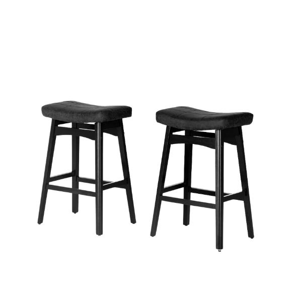 24-Inch Solid Wood Barstools with Linen/PU Leather Fabric Cushion – Set of 2 Backless Saddle Seat Counter Stools for Modern Living