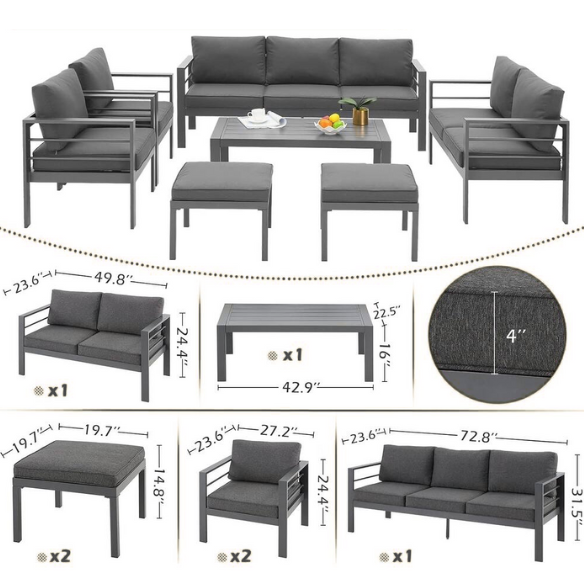 Modern Outdoor Patio Furniture Set | 7-Piece Conversation Set with Coffee Table and Cushions | Ideal for Balcony, Porch, and Lawn