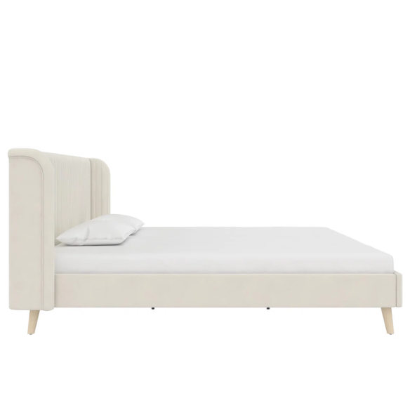 King Size Upholstered Wingback Platform Bed – Luxe Velvet Headboard with Vertical Tufting, Mid-Century Modern Design, and Space-Saving Wooden Frame