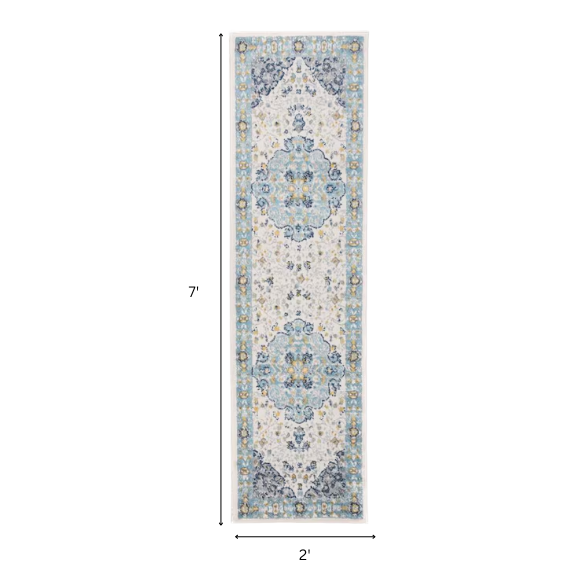 Distressed Oriental-Inspired Indoor Rug – Blue, Yellow & Cream Medallion Pattern, Stain-Resistant, Fade-Resistant, Perfect for Traditional & French Country Décor