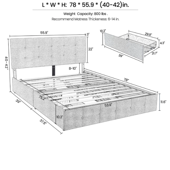 Button Tufted Upholstered Platform Storage Bed – Full Double Size with Spacious Drawers