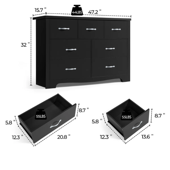 French Country-Inspired 47.2" 7-Drawer Double Dresser with Scalloped Apron and Elegant Metal Handles