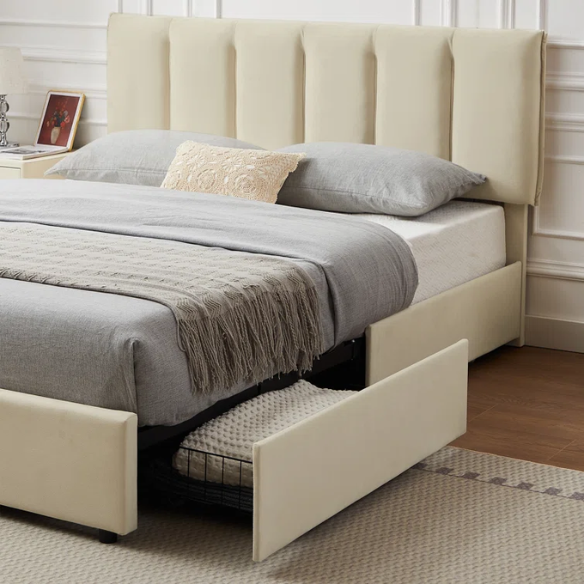 Velvet Upholstered Queen Size Platform Bed with Adjustable Headboard and 4 Storage Drawers