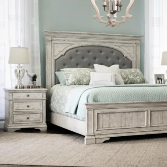 Rustic White King 5-Piece Bedroom Set – Upholstered Tufted Bed, Nightstand, Dresser with Mirror, and Chest