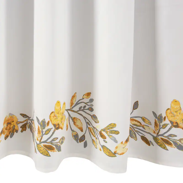 Yellow and Grey Floral Vine Shower Curtain – Shabby Chic Farmhouse Style, 72" x 72"