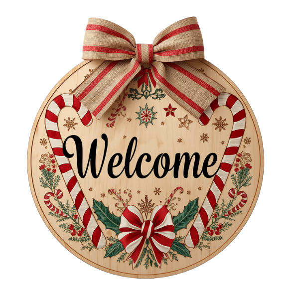 Whimsical Candy Cane Christmas Welcome Sign with Burlap Bow