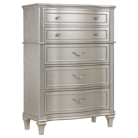 5-Piece Queen Bedroom Set with Silver Oak Finish, LED Lighting, Crystal Accents, and Built-In Storage – Includes Bed, Nightstand, Dresser, Mirror, and Chest