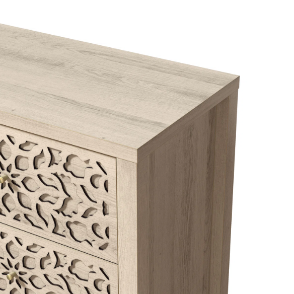 Boho-Inspired 45.4" 6-Drawer Dresser with Distressed Finish and Openwork Floral Details