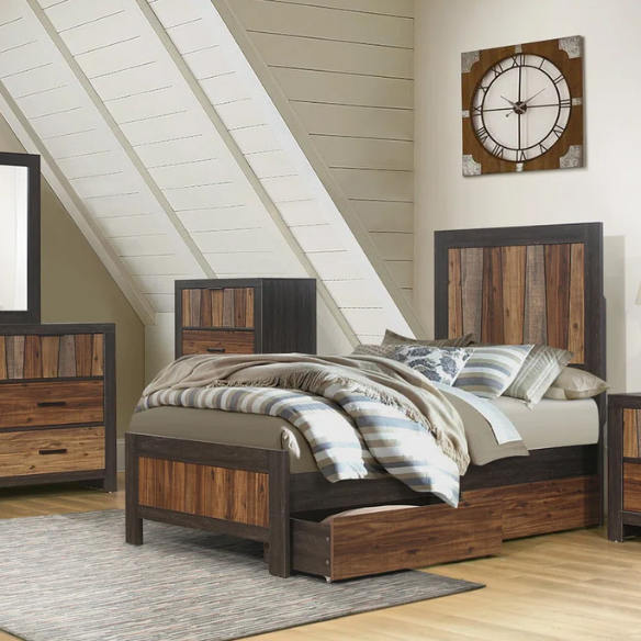 3-Piece Dark Ebony and Rustic Mahogany Modern Panel Bedroom Set – Embossed Faux-Wood Veneer, Rich Acacia Tones, and Dark Metal Hardware