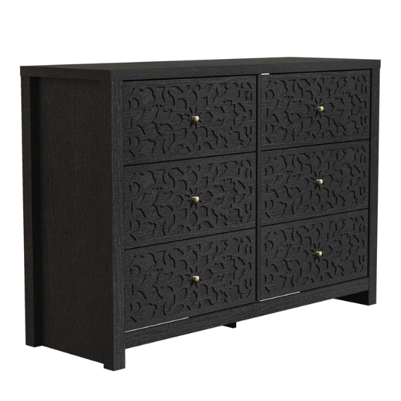 Boho-Inspired 45.4" 6-Drawer Dresser with Distressed Finish and Openwork Floral Details