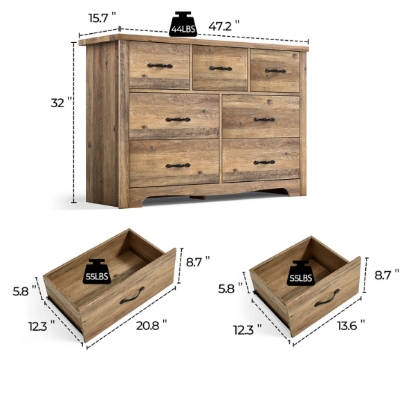 French Country-Inspired 47.2" 7-Drawer Double Dresser with Scalloped Apron and Elegant Metal Handles
