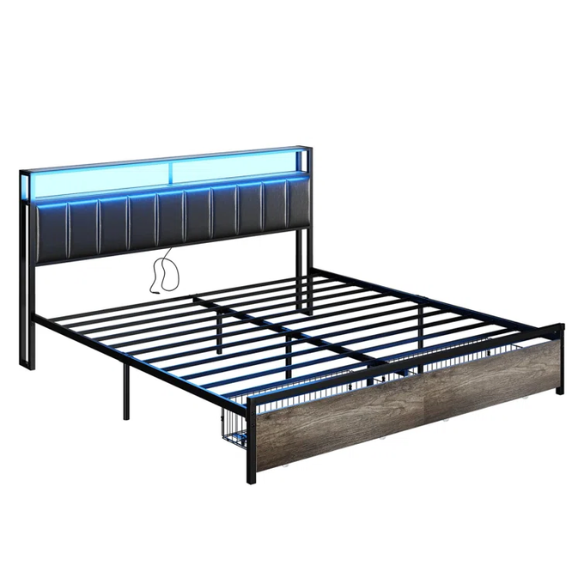 Modern LED King Size Bed Frame with Storage Drawers and Built-in Charging Station