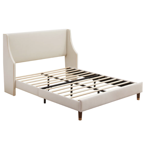 Elegant Linen Wingback Upholstered Platform Bed Frame – Luxurious Full Double Size Design with Gold Piping, Sturdy Support, and Effortless Assembly