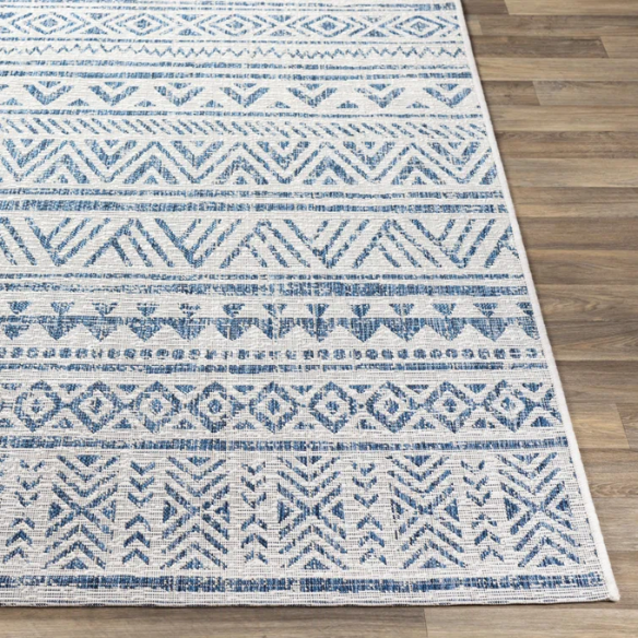 Striped Geometric Area Rug – Blue & Cream White, Durable Polypropylene, Low-Pile Design for High-Traffic Indoor/Outdoor Spaces