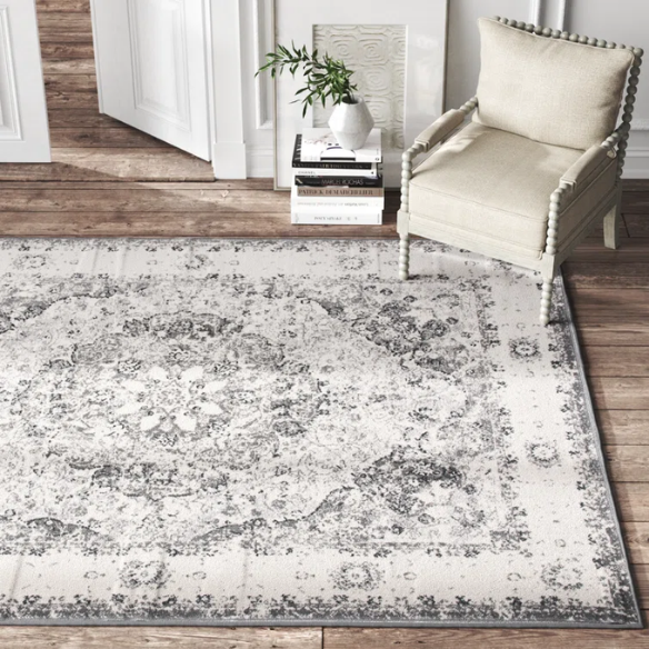 Distressed Oriental-Inspired Indoor Rug – Gray, Silver & Ivory Medallion Pattern, Stain-Resistant, Fade-Resistant, Perfect for Traditional & French Country Décor