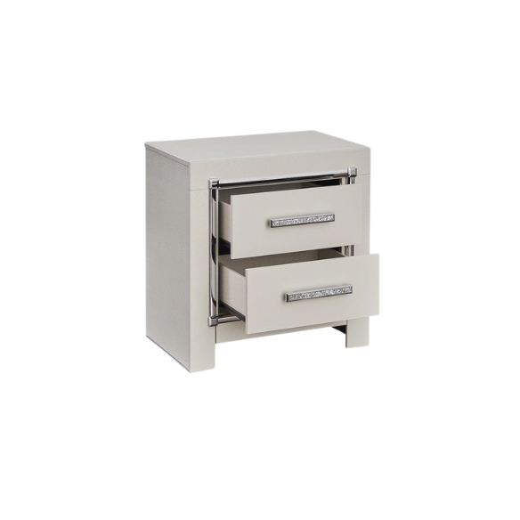 Opulent Silver Upholstered Panel King Bed Set with Metallic Gator Finish and Faceted Chrome-Tone Nightstands