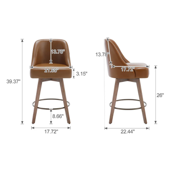 Modern Counter Height Swivel Bar Stool – Upholstered Faux Leather/Polyester Blend Seat, Solid Beech Wood Frame, Ergonomic High Back, Bronze Metal Footrest, 300lb Capacity for Kitchen, Bar, or Pub