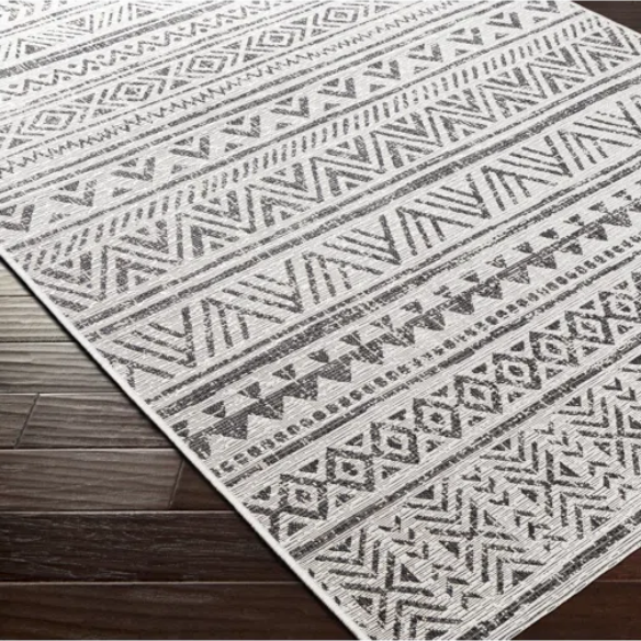 Striped Geometric Area Rug – Charcoal & Off-White, Durable Polypropylene, Low-Pile Design for High-Traffic Indoor/Outdoor Spaces