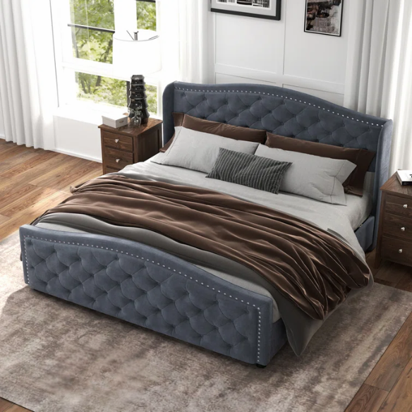 Luxurious King Size Velvet Upholstered Platform Bed with Tufted Camelback Headboard, Nailhead Trim, and 4 Built-In Storage Drawers – Stylish and Functional Bedroom Upgrade