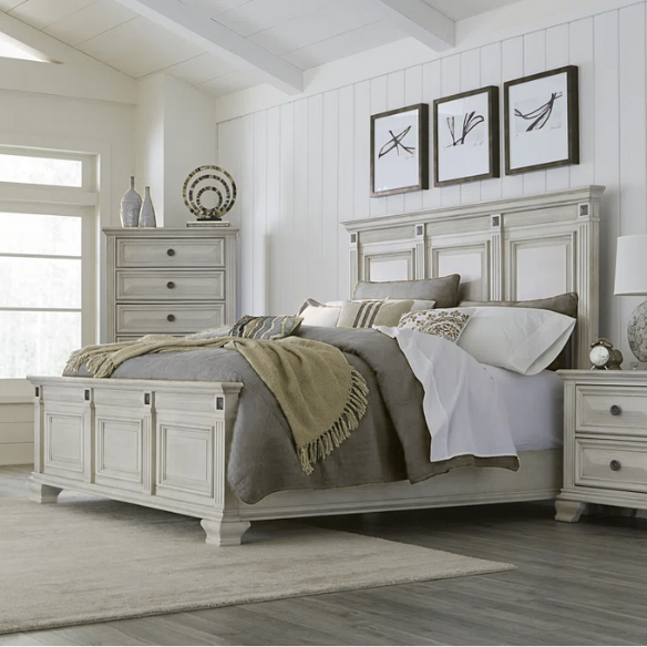 Solid Wood Panel 3-Piece Bedroom Set – Renova Distressed Parchment Wood Panel Bed with Vintage Black Finish, Muted Silver Accents, Fluted Pilasters, and French Bracket Foot Bases – Timeless Traditional Style with Raised Beveled Drawer Fronts