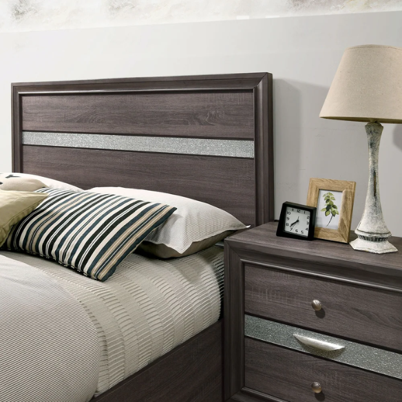 Modern Style 2-Piece Grey Storage Platform Bedroom Set with Panel Bed, Nightstand, and Sleek Silver Accents