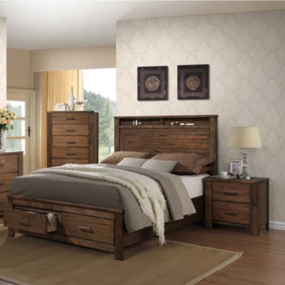 Rustic Cabin-Inspired 3-Piece King Bedroom Set – Durable Bed with Headboard Shelves and Footboard Drawers, Matching Nightstand and Dresser for Ample Storage