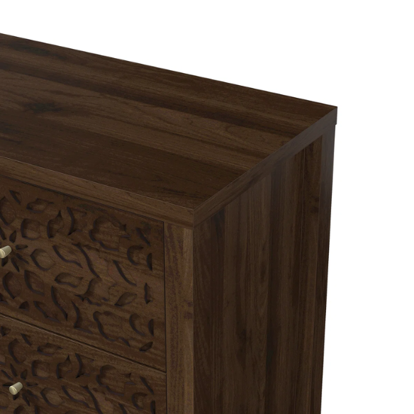 Boho-Inspired 45.4" 6-Drawer Dresser with Distressed Finish and Openwork Floral Details