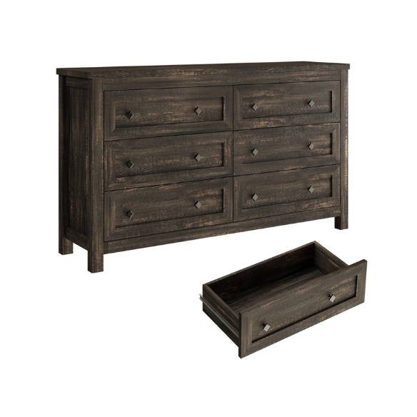 6-Drawer Dresser – A Perfect Blend of Rustic Charm and Industrial Elegance, Featuring a Clean-Lined Silhouette and Weathered Finish. Crafted from Solid and Engineered Wood
