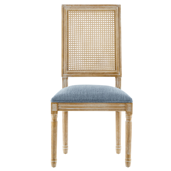French Country Wood and Cane Upholstered Dining Chairs – Weathered Rubberwood Frame with Fluted Legs & Rectangular Cane Backrest