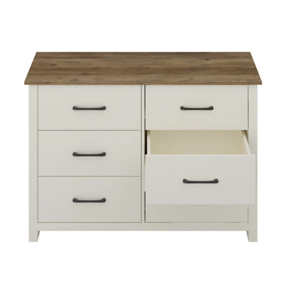 Modern 6-Drawer Double Dresser with Flared Feet and Sleek Black Metal Handles