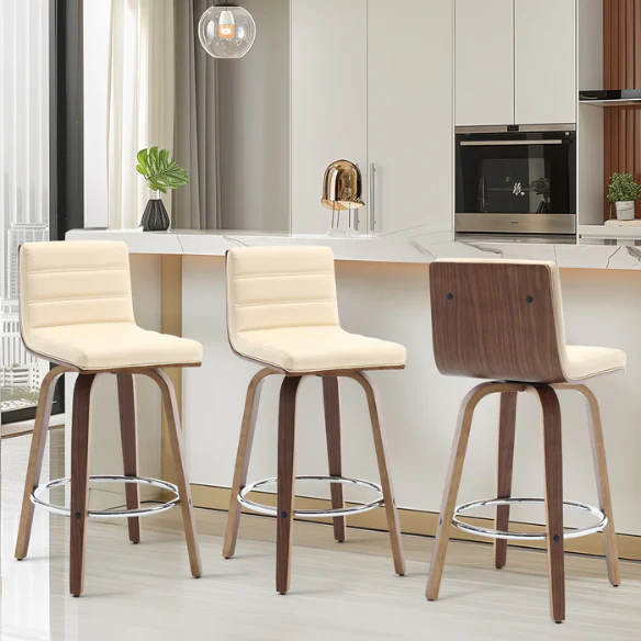 Mid-Century Modern Faux Leather Swivel Counter/Bar Stools – 360° Swivel, Padded PU Leather Seat & Back, Durable Bentwood Legs, Metal Footrest, Supports Up to 440lbs for Home Bar or Kitchen