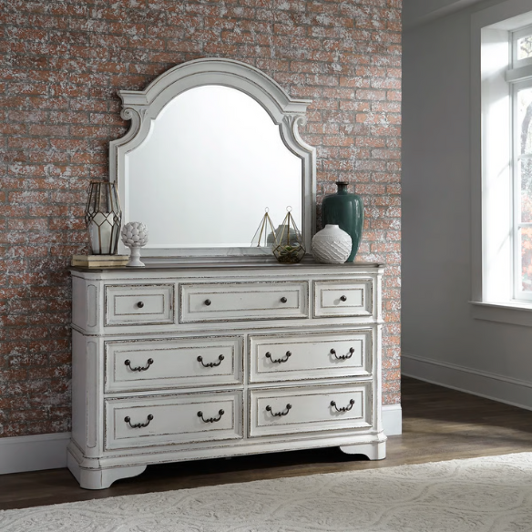 Upholstered Bed, Dresser, Mirror, and Nightstand Set in Antique White – Timeless Elegance, Refined Craftsmanship, and Distinctive Style