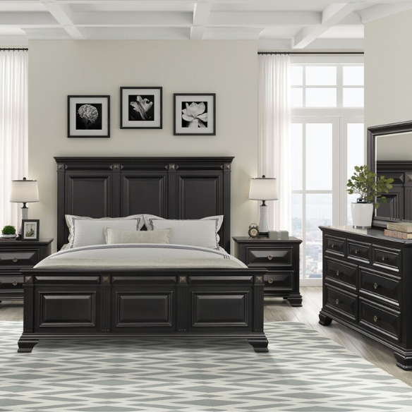 4-Piece Vintage Black Wood Panel Bedroom Set with Distressed Parchment Finish – Traditional Elegance with Silver Accents, Beveled Drawer Fronts, and Brass Rosette Knob Hardware