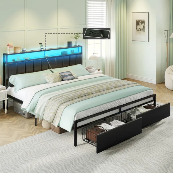 Modern LED King Size Bed Frame with Storage Drawers and Built-in Charging Station