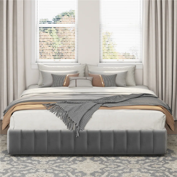 King Size Upholstered Platform Storage Bed with Velvet Fabric, Channel-Tufted Accents, and Built-In Drawers for Extra Storage