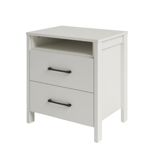 22.7" 2-Drawer Nightstand – Space-Saving Modern Minimalism, Engineered Wood with Clean-Lined Silhouette, Neutral Finish, Open Cubby & 2 Spacious Drawers for Bedroom Storage, Ideal for Tech & Accessories