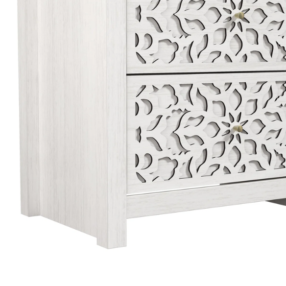 Boho-Inspired 45.4" 6-Drawer Dresser with Distressed Finish and Openwork Floral Details