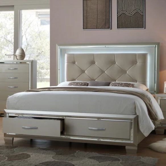 Elegant Glamour: 5-Piece Bedroom Set with Lustrous Platinum Dresser, Crystal and Chrome Handles – A Stunning, Star-Quality Collection to Elevate Your Bedroom Décor